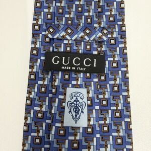 Gucci Men's Tie Geometric Horsebits Blue/Brown Silk Italy 3 5/8" (W) 59" (L) guc